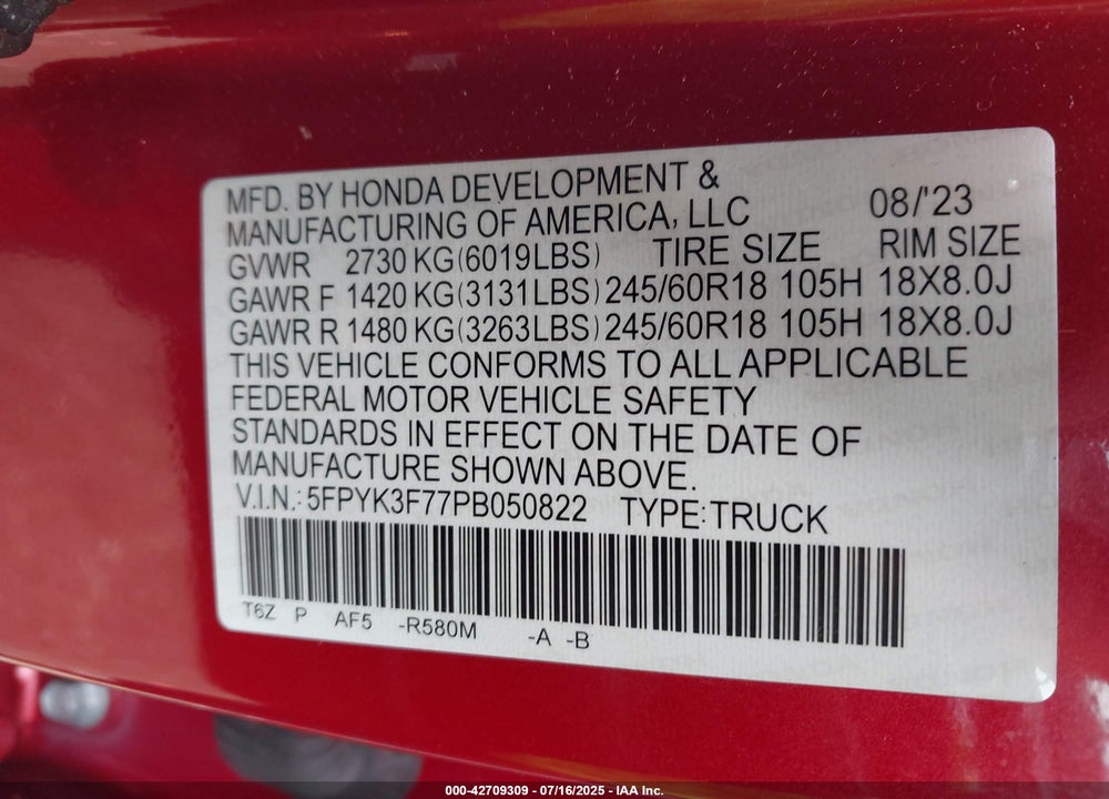 2023 HONDA RIDGELINE VIN: 5FPYK3F77PB050822
