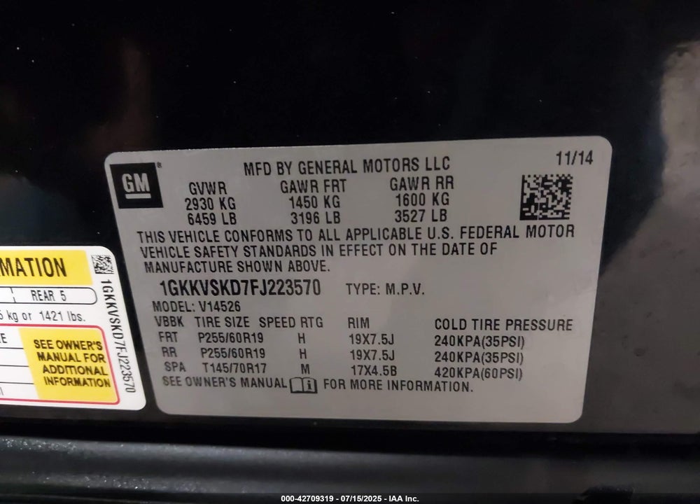 2015 GMC ACADIA VIN: 1GKKVSKD7FJ223570