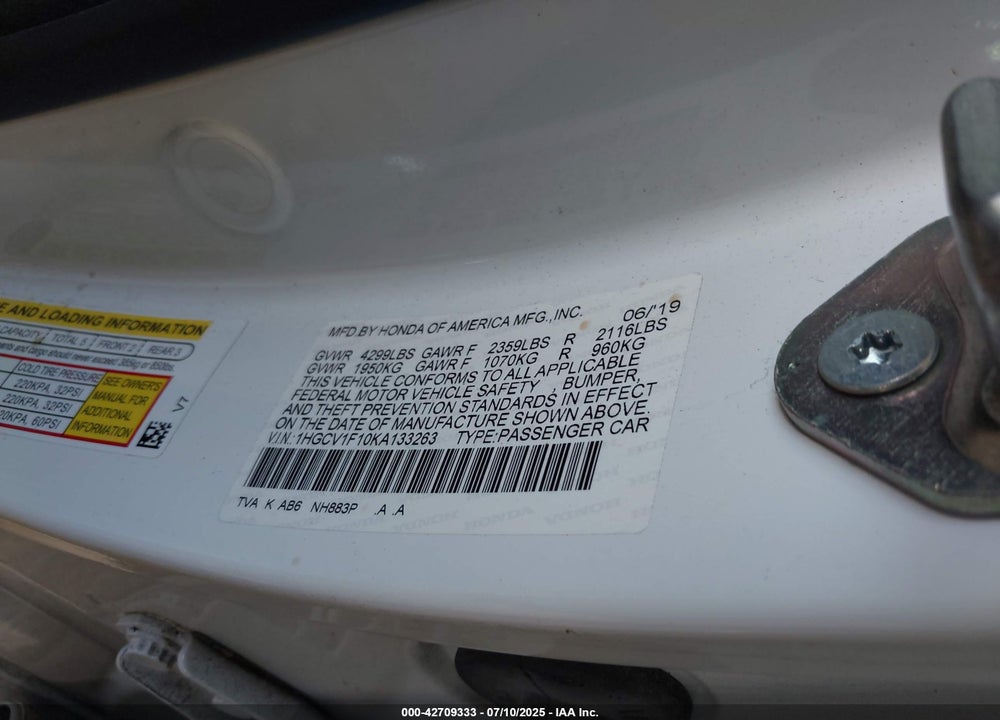 2019 HONDA ACCORD VIN: 1HGCV1F10KA133263