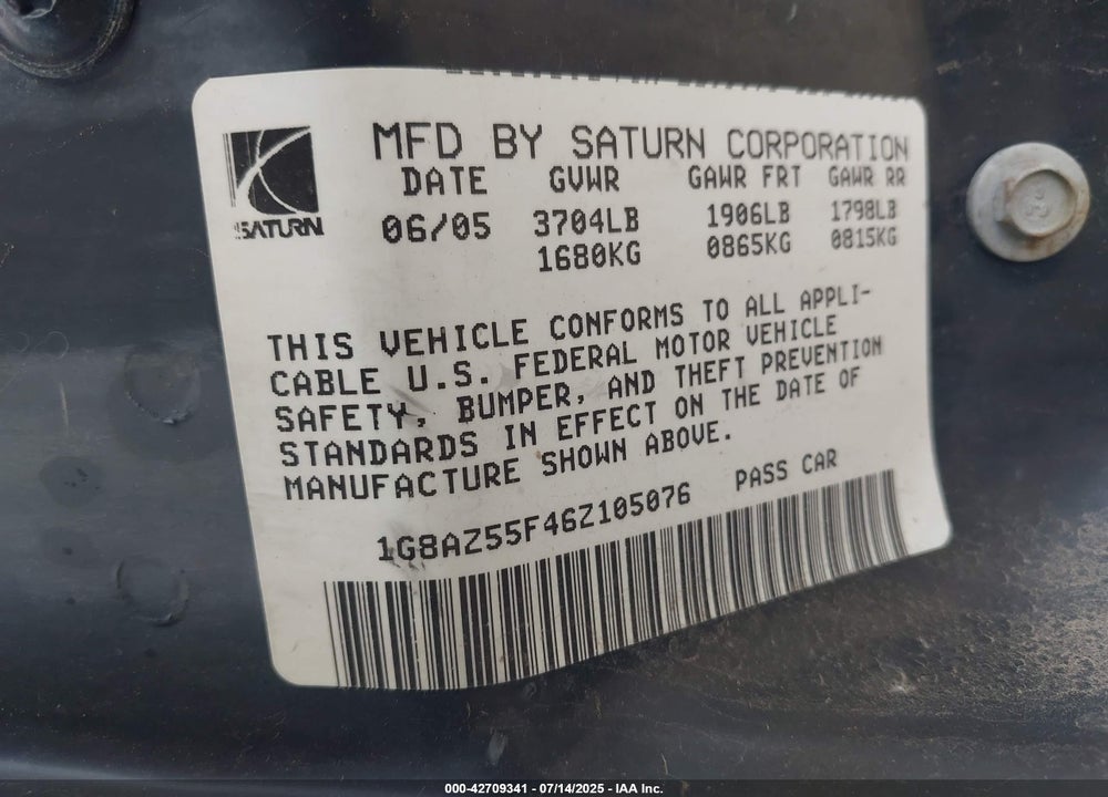 2006 SATURN ION 2 VIN: 1G8AZ55F46Z105076