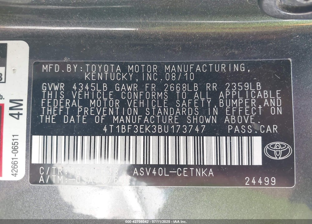 2011 TOYOTA CAMRY VIN: 4T1BF3EK3BU173747