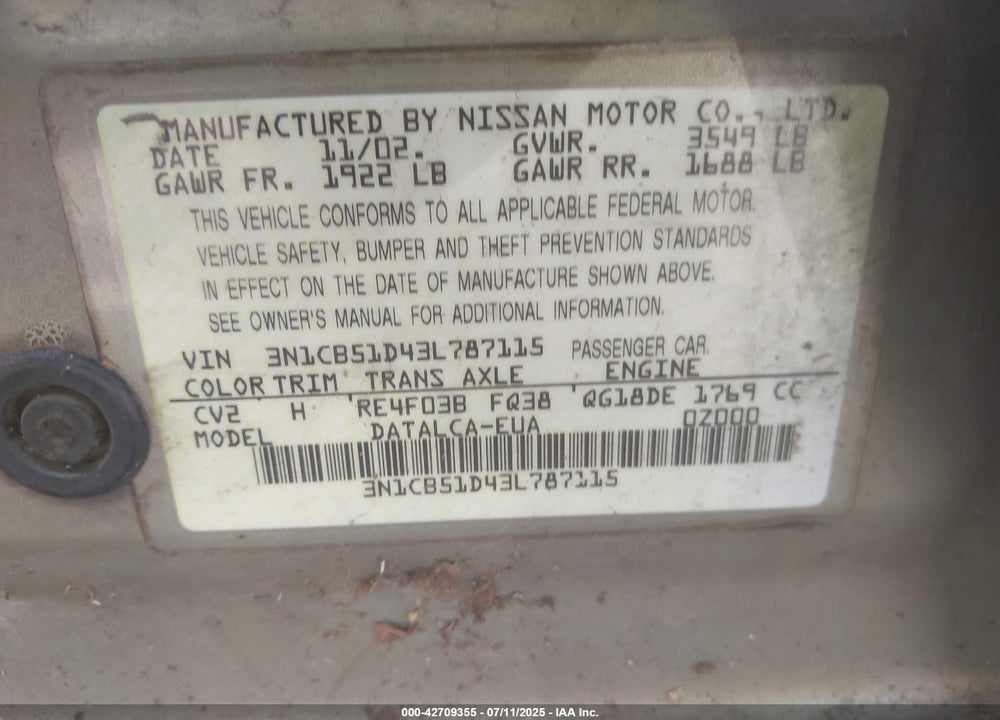 2003 NISSAN SENTRA XE VIN: 3N1CB51D43L787115