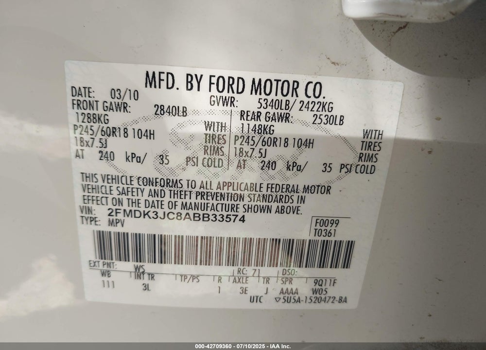2010 FORD EDGE SEL VIN: 2FMDK3JC8ABB33574