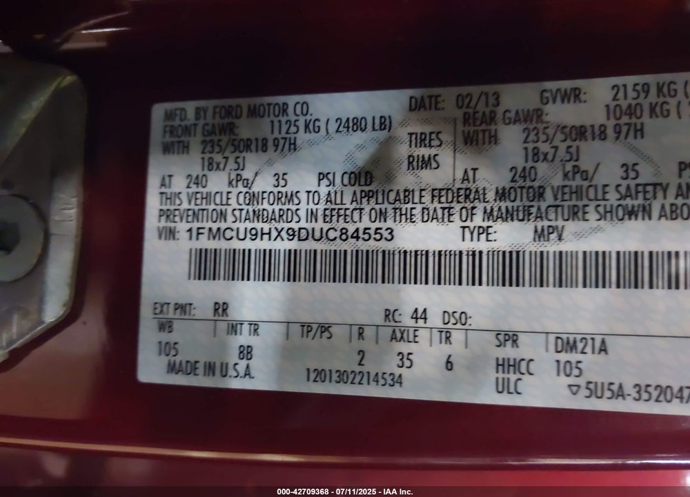 2013 FORD ESCAPE SEL VIN: 1FMCU9HX9DUC84553