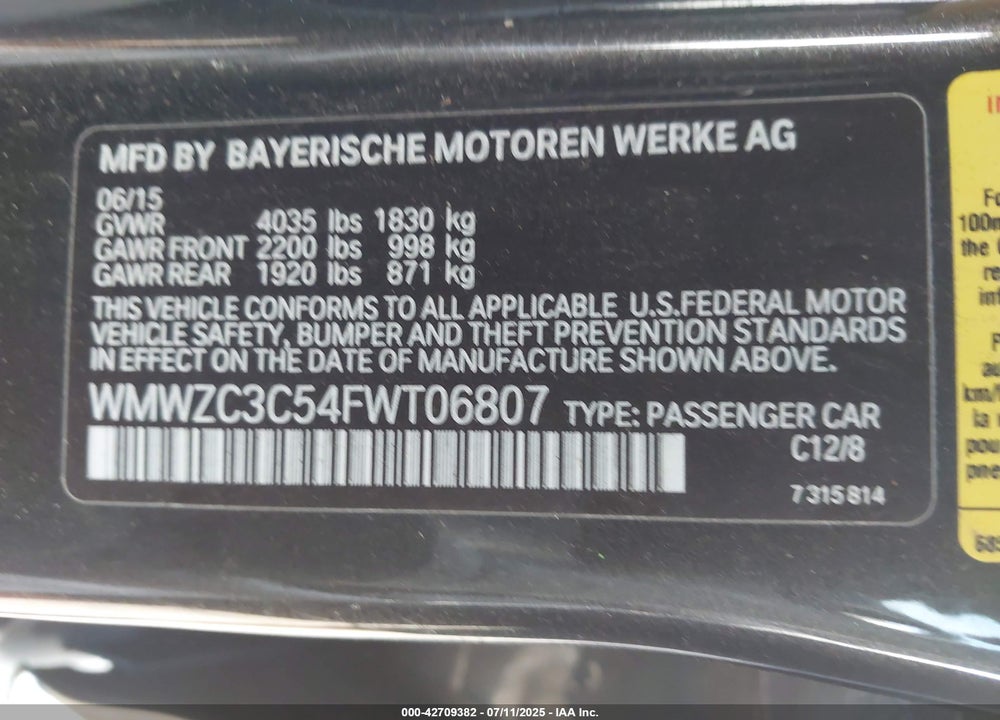 2015 MINI COOPER VIN: WMWZC3C54FWT06807