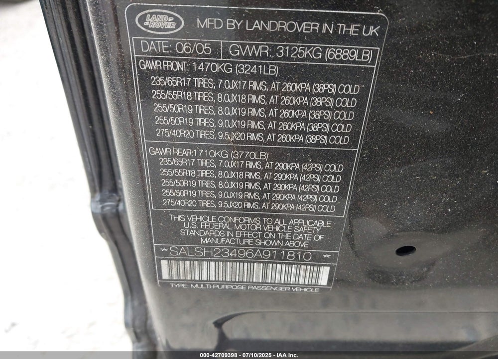 2006 LAND ROVER RANGE ROVER SPORT VIN: SALSH23496A911810