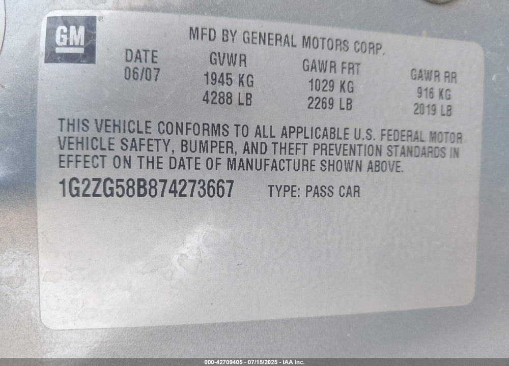 2007 PONTIAC G6 VIN: 1G2ZG58B874273667