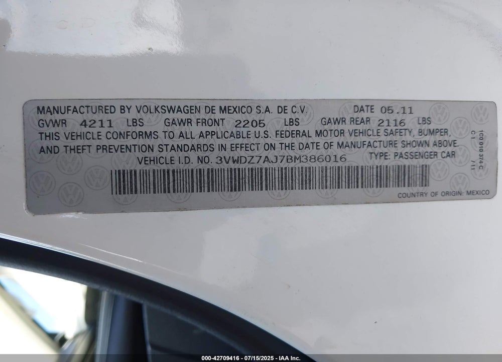 2011 VOLKSWAGEN JETTA VIN: 3VWDZ7AJ7BM386016