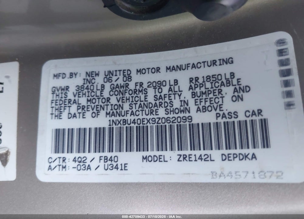 2009 TOYOTA COROLLA VIN: 1NXBU40EX9Z062099