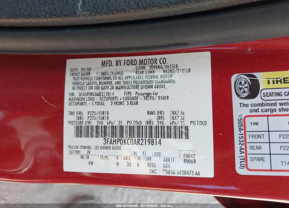 2010 FORD FUSION VIN: 3FAHP0KC0AR219814