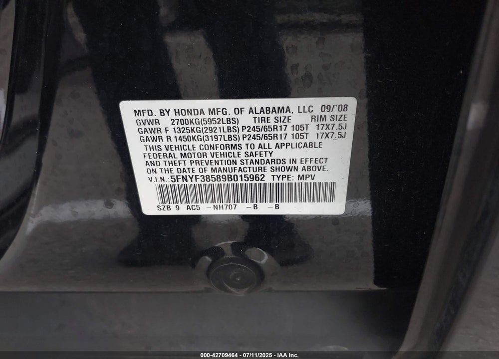 2009 HONDA PILOT EX-L VIN: 5FNYF38589B015962