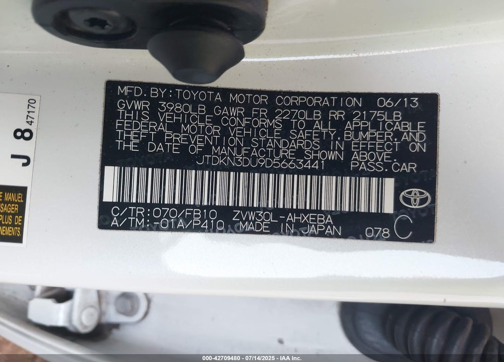 2013 TOYOTA PRIUS VIN: JTDKN3DU9D5663441