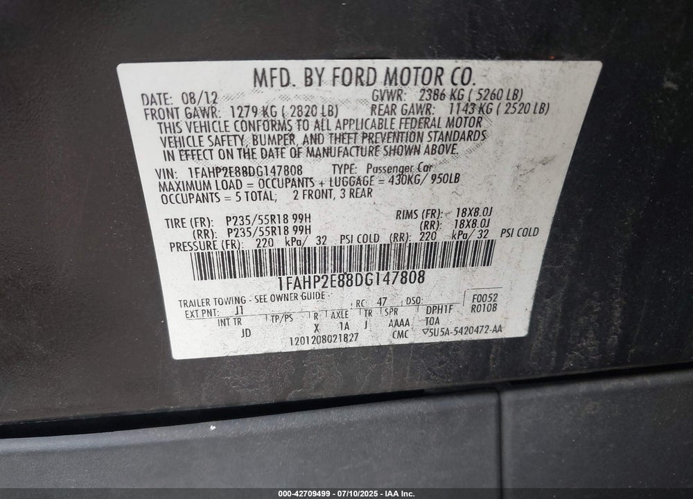 2013 FORD TAURUS VIN: 1FAHP2E88DG147808