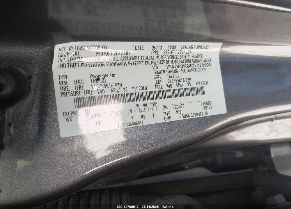 2013 FORD FOCUS VIN: 1FADP3K24DL370990