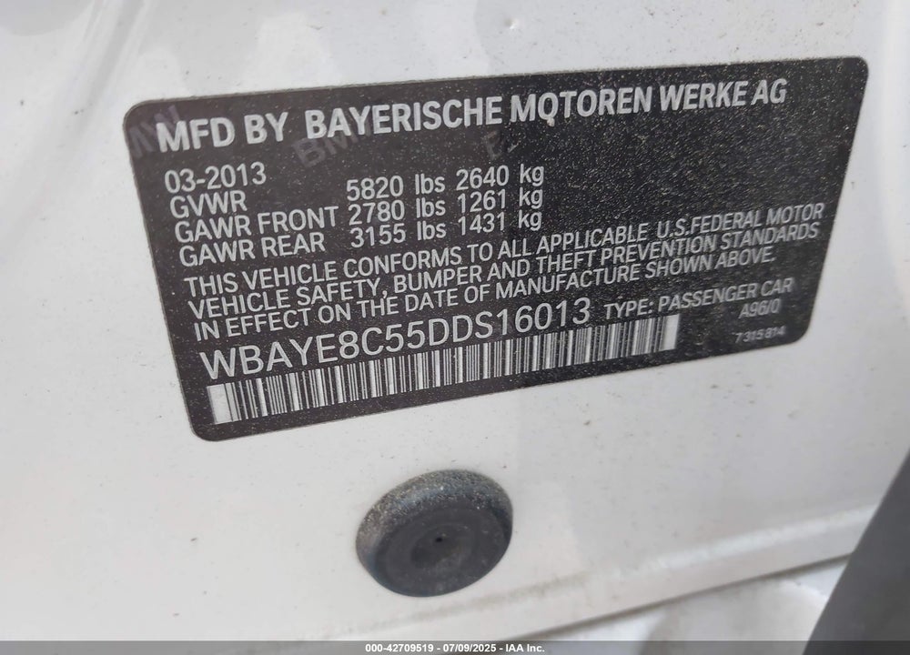 2013 BMW 750LI VIN: WBAYE8C55DDS16013