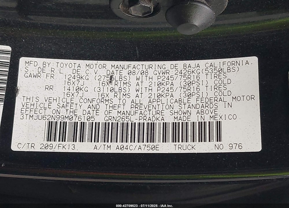 2009 TOYOTA TACOMA VIN: 3TMJU62N99M076105