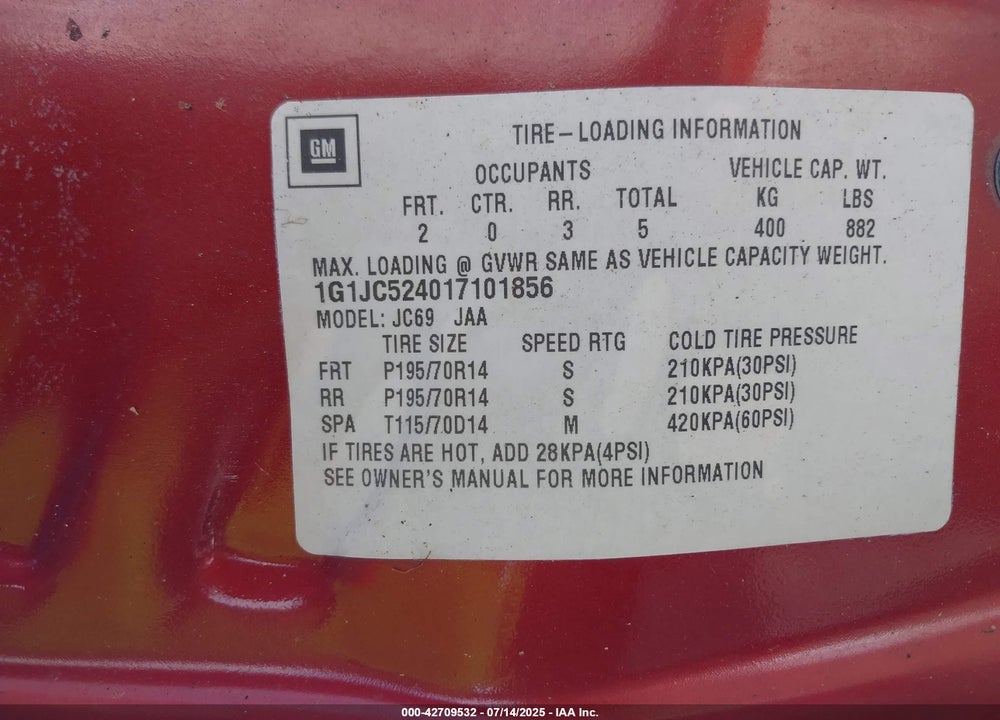 2001 CHEVROLET CAVALIER VIN: 1G1JC524017101856