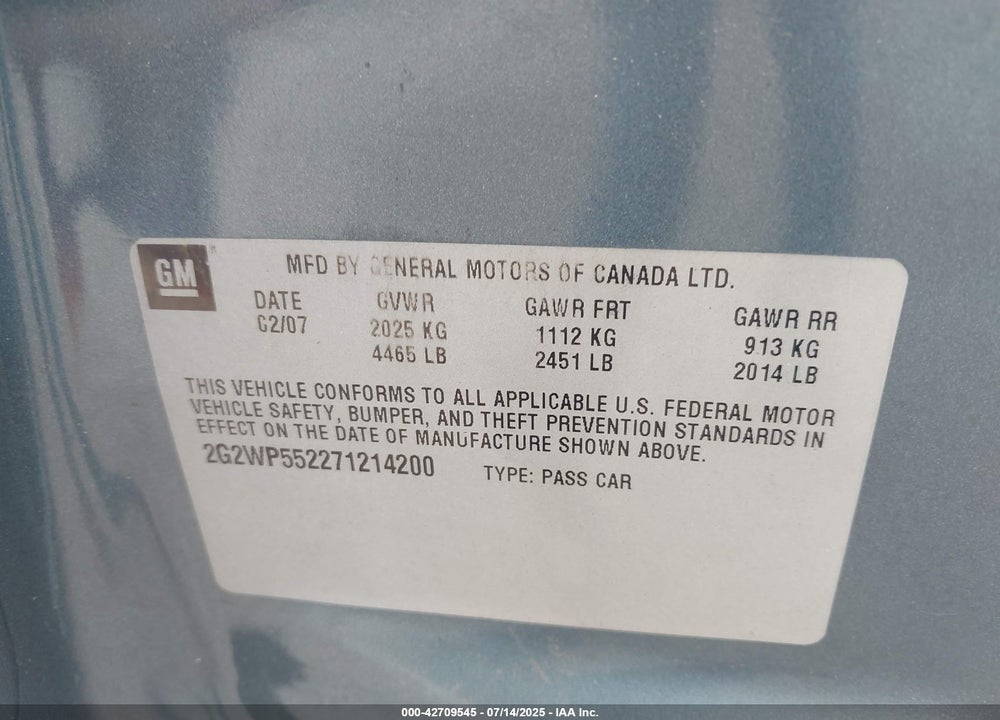 2007 PONTIAC GRAND PRIX VIN: 2G2WP552271214200