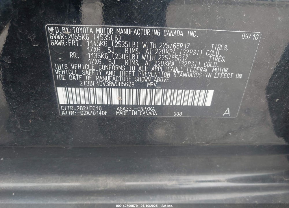 2011 TOYOTA RAV4 VIN: 2T3BF4DV3BW085628