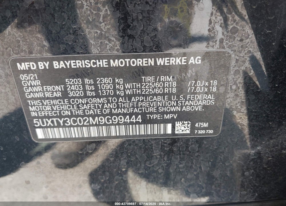 2021 BMW X3 VIN: 5UXTY3C02M9G99444