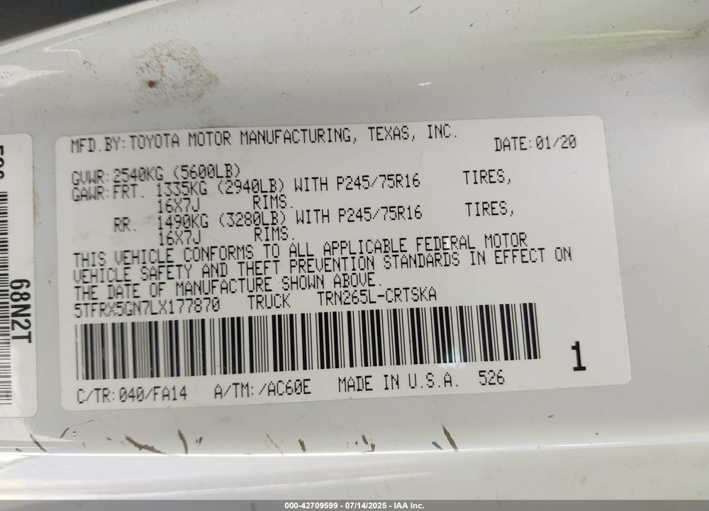2020 TOYOTA TACOMA VIN: 5TFRX5GN7LX177870