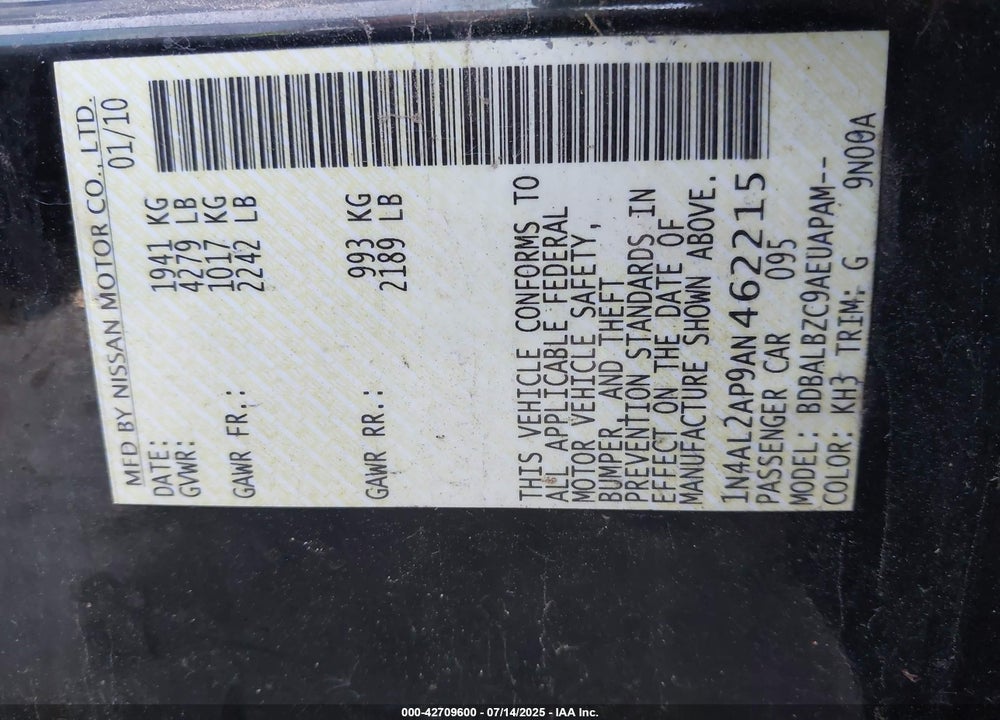 2010 NISSAN ALTIMA VIN: 1N4AL2AP9AN462215