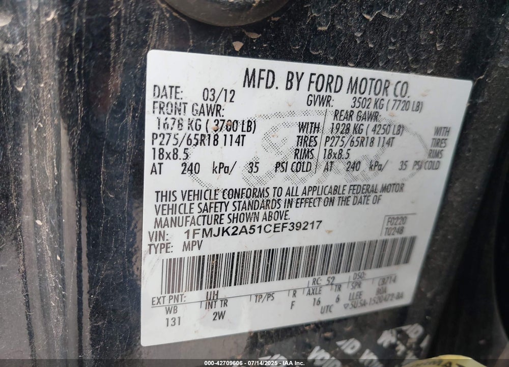 2012 FORD EXPEDITION EL LIMITED VIN: 1FMJK2A51CEF39217