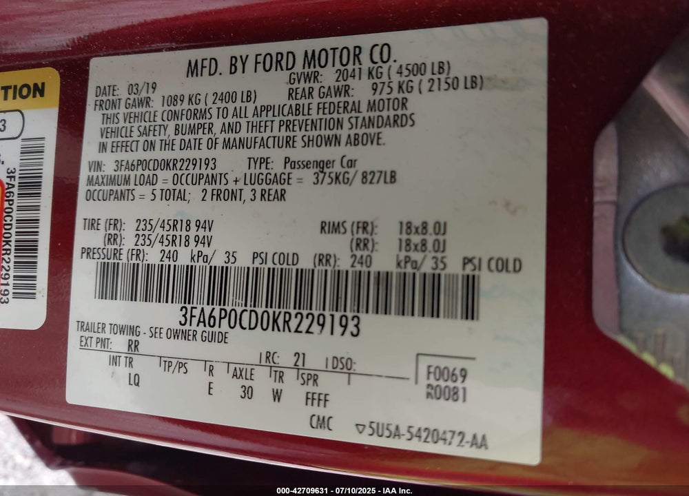 2019 FORD FUSION VIN: 3FA6P0CD0KR229193
