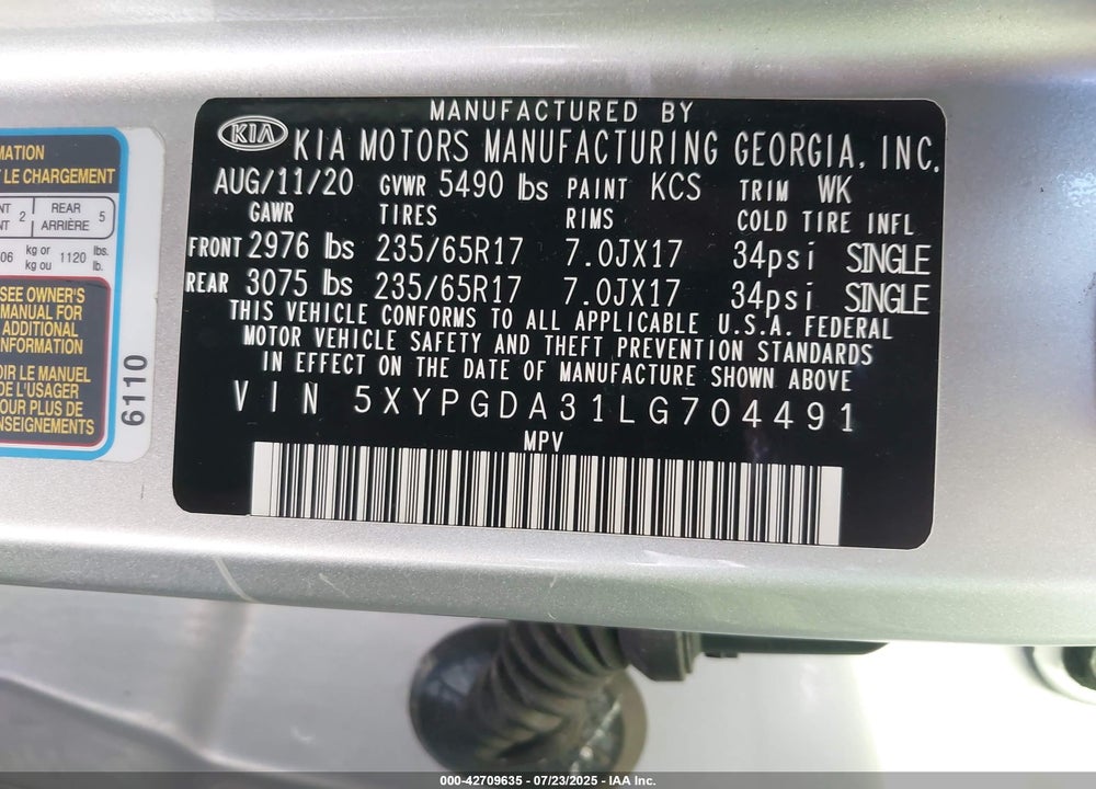2020 KIA SORENTO 2.4L LX VIN: 5XYPGDA31LG704491