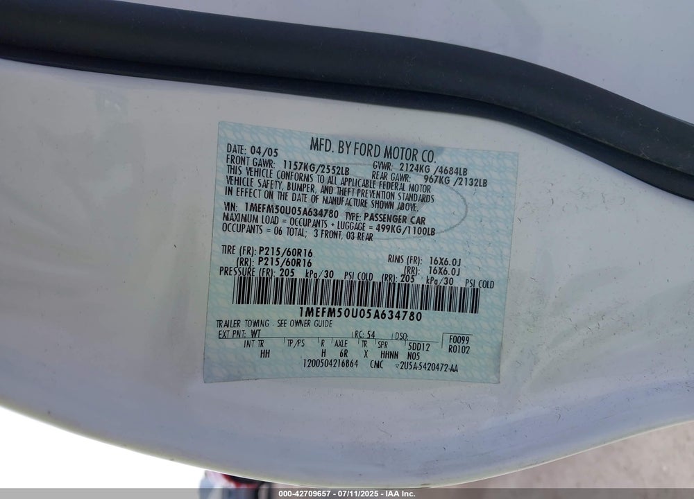 2005 MERCURY SABLE GS VIN: 1MEFM50U05A634780
