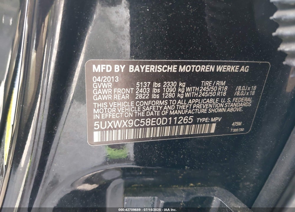 2014 BMW X3 VIN: 5UXWX9C58E0D11265