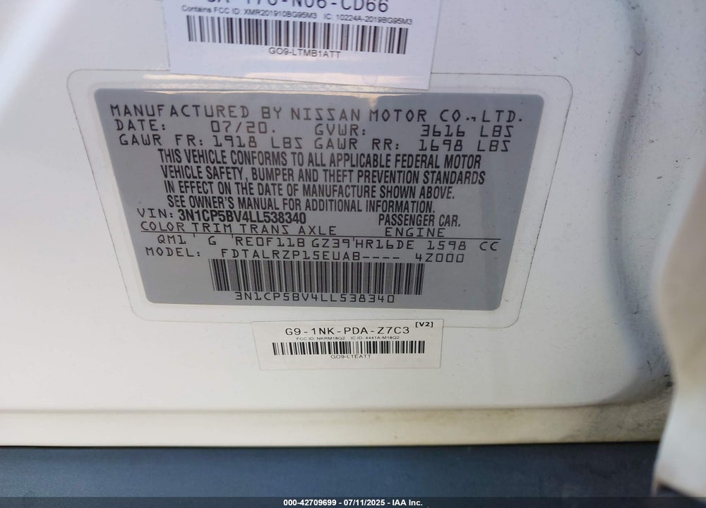 2020 NISSAN KICKS S XTRONIC CVT VIN: 3N1CP5BV4LL538340