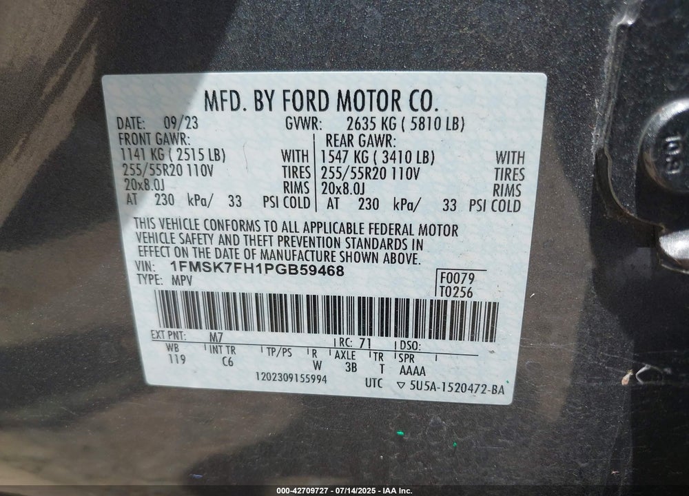 2023 FORD EXPLORER VIN: 1FMSK7FH1PGB59468