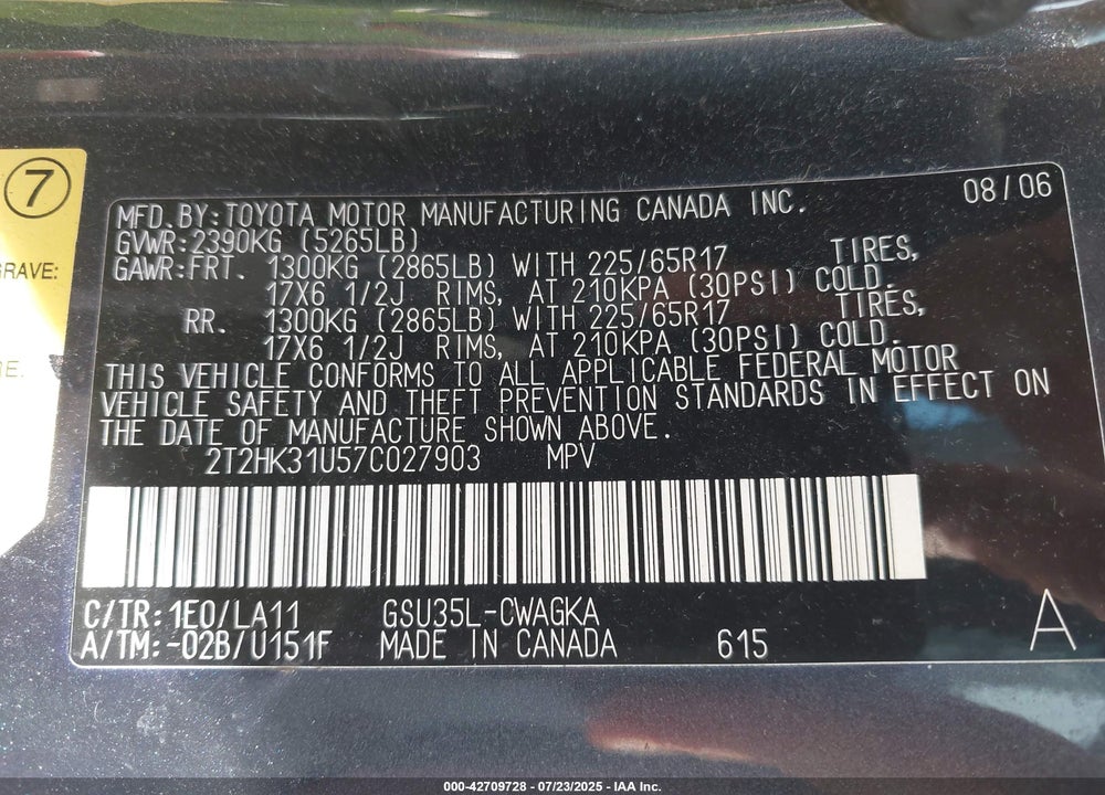2007 LEXUS RX VIN: 2T2HK31U57C027903