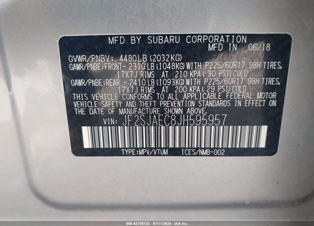 2018 SUBARU FORESTER VIN: JF2SJAEC8JH595957