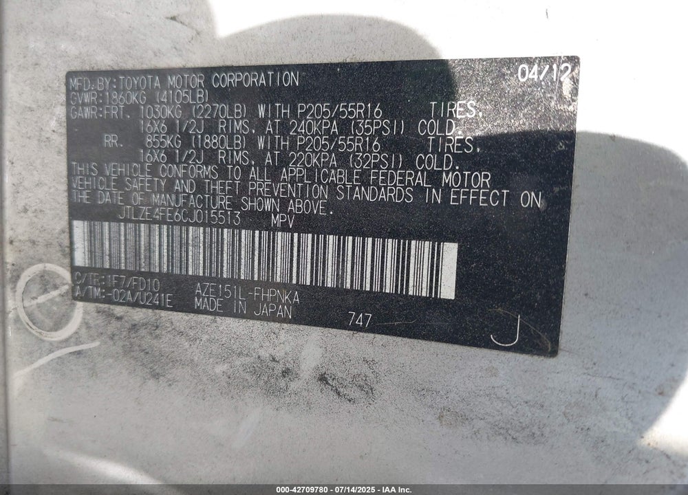 2012 SCION XB VIN: JTLZE4FE6CJ015513