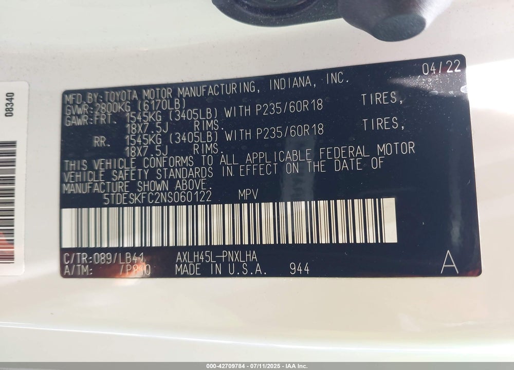 2022 TOYOTA SIENNA PLATINUM VIN: 5TDESKFC2NS060122