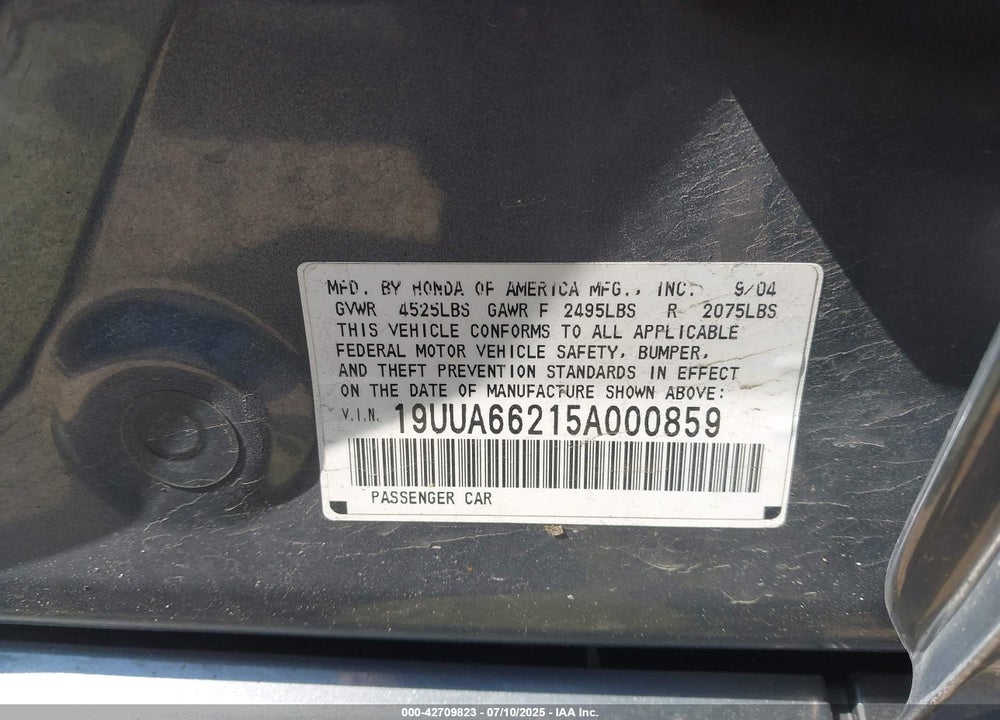 2005 ACURA TL VIN: 19UUA66215A000859