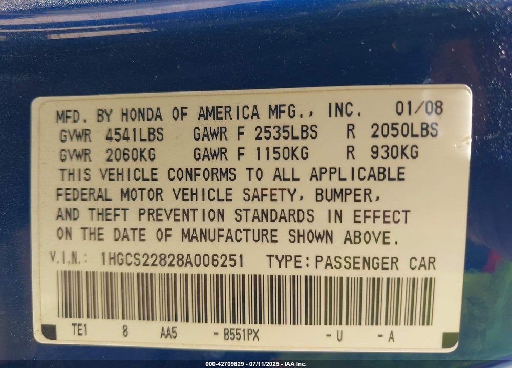 2008 HONDA ACCORD 3.5 EX-L VIN: 1HGCS22828A006251