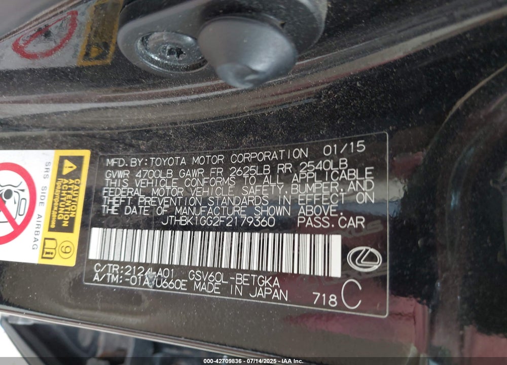 2015 LEXUS ES350 VIN: JTHBK1GG2F2179360
