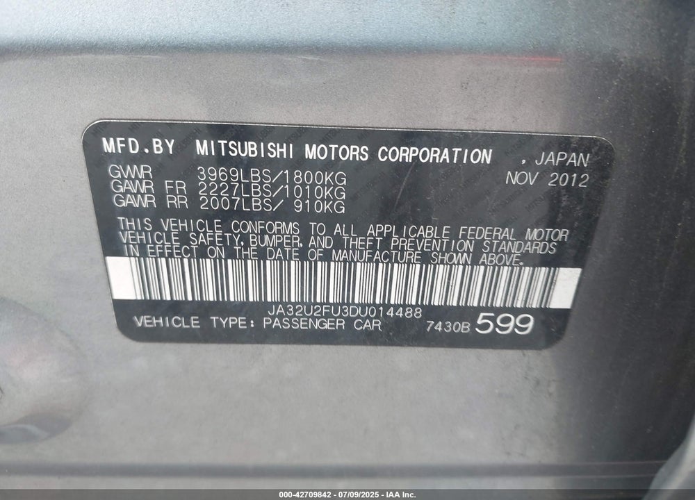 2013 MITSUBISHI LANCER VIN: JA32U2FU3DU014488