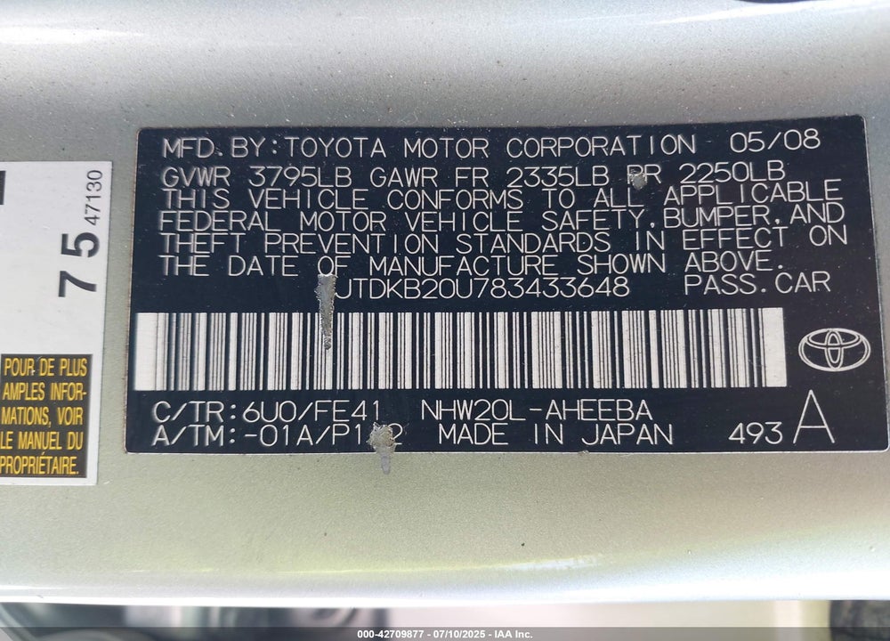 2008 TOYOTA PRIUS VIN: JTDKB20U783433648