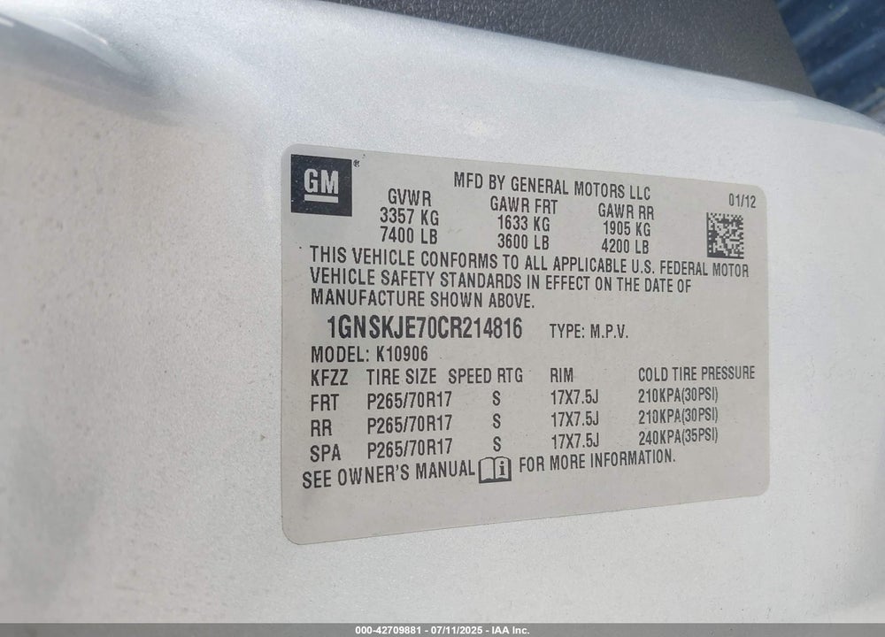 2012 CHEVROLET SUBURBAN 1500 VIN: 1GNSKJE70CR214816