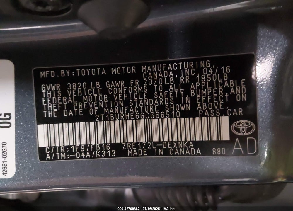 2016 TOYOTA COROLLA VIN: 2T1BURHE6GC666510