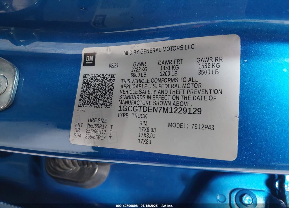 2021 CHEVROLET COLORADO VIN: 1GCGTDEN7M1229129