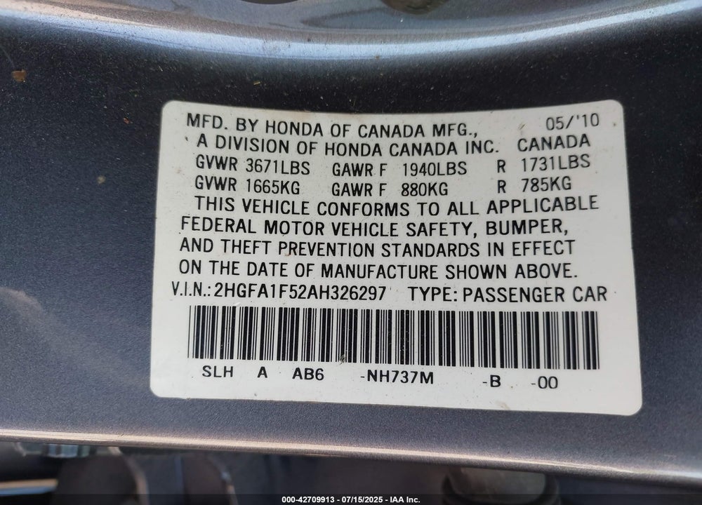 2010 HONDA CIVIC VIN: 2HGFA1F52AH326297