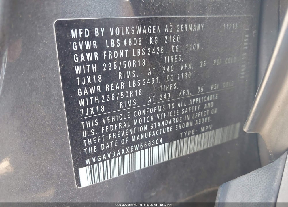 2014 VOLKSWAGEN TIGUAN VIN: WVGAV3AXXEW556304