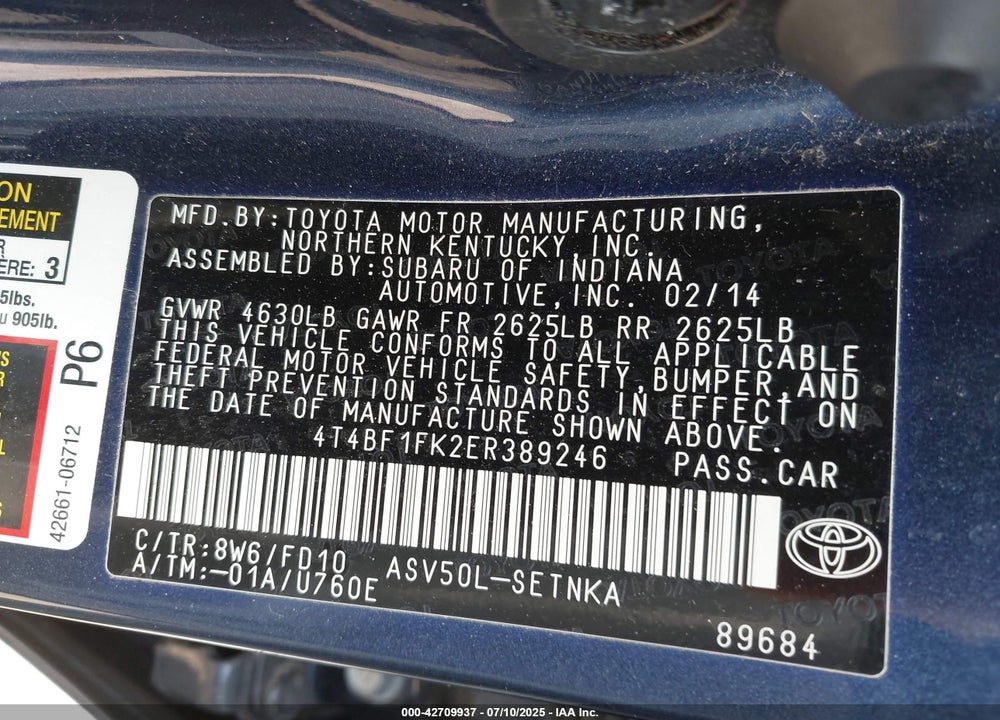 2014 TOYOTA CAMRY VIN: 4T4BF1FK2ER389246