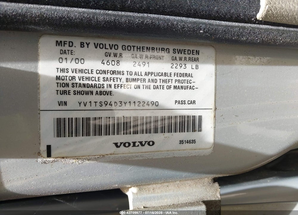 2000 VOLVO S80 VIN: YV1TS94D3Y1122490