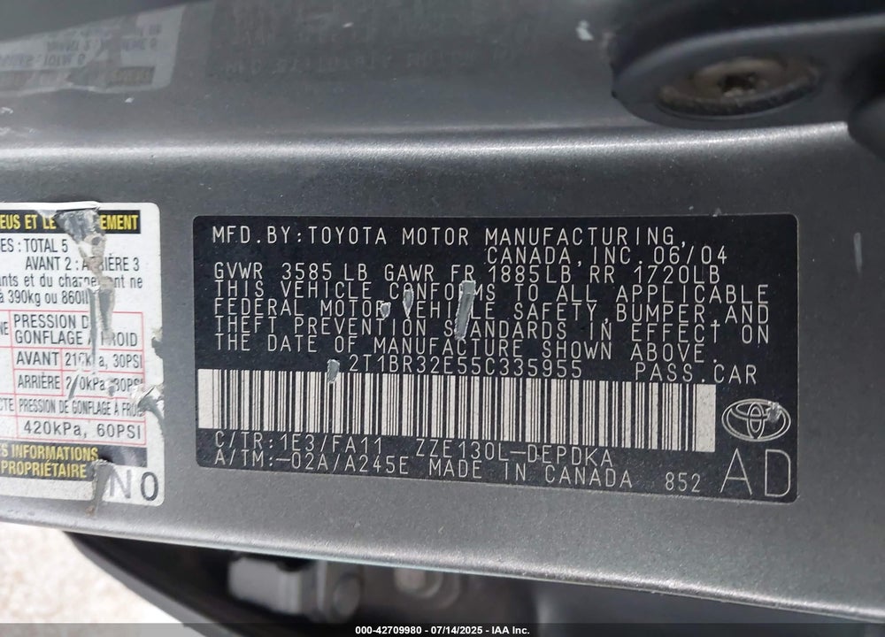 2005 TOYOTA COROLLA CE VIN: 2T1BR32E55C335955